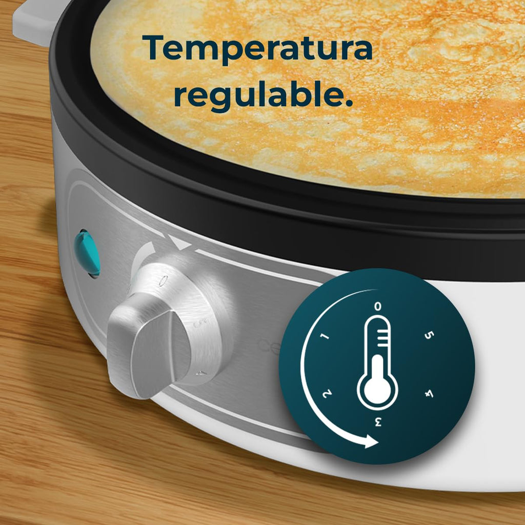 Cecotec Crepera Eléctrica Fun Creepy. Potencia 1200W, Revestimiento Antiadherente, Rodillo espaciador y Espátula, Potencia regulable, Indicador Luminoso, 30,5cm Diámetro