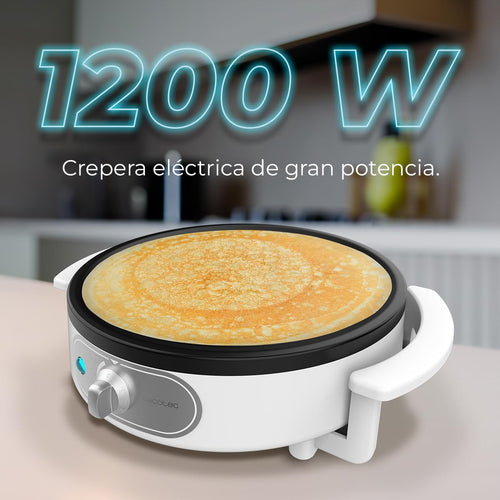 Cecotec Crepera Eléctrica Fun Creepy. Potencia 1200W, Revestimiento Antiadherente, Rodillo espaciador y Espátula, Potencia regulable, Indicador Luminoso, 30,5cm Diámetro